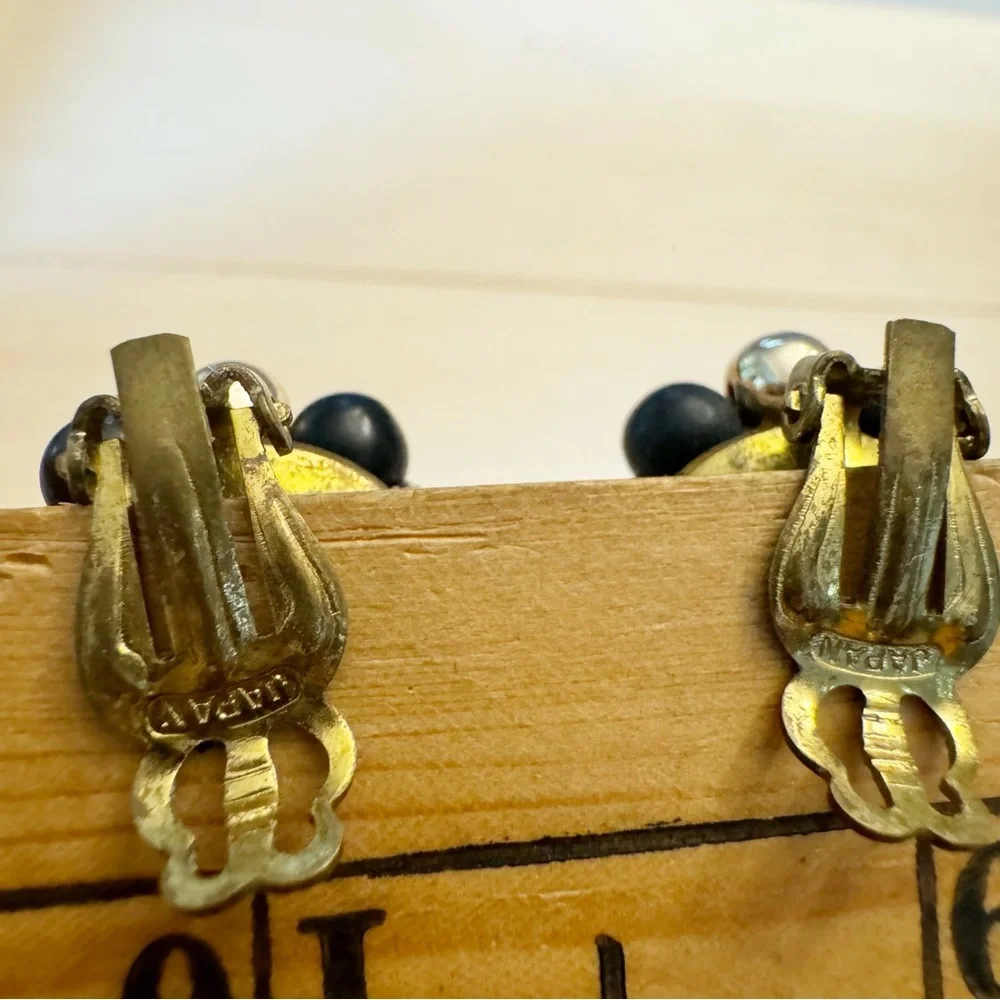 Vintage Milk Glass Crystal Black Gold Bead Clip On Earrings Marked Japan